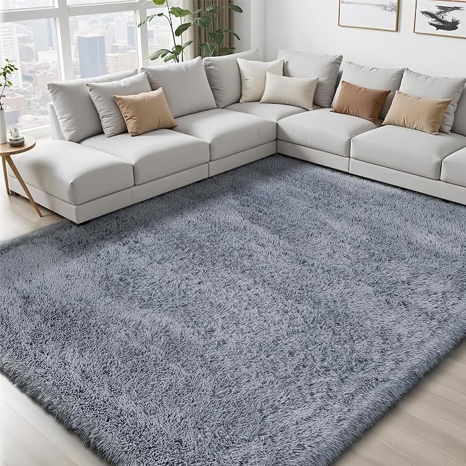 Area Rug for Living Room Bedroom: 8x10 Grey Soft Fluffy Shag Upgrade Non-Slip