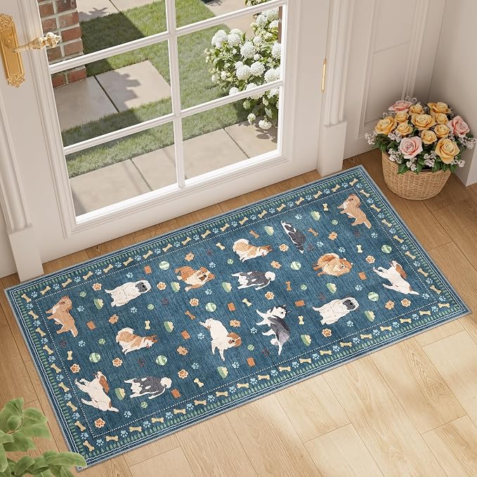 DUKINO 2x4 Runner Rug for Entryway, Animal Dog Print Washable Kitchen Rug
