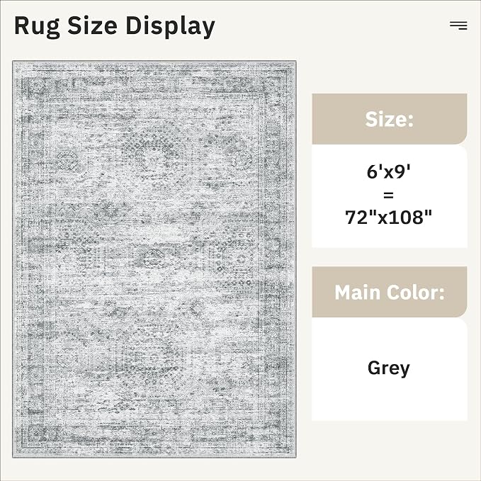 Soalmost 6x9 Area Rug for Living Room Washable 6x9 Gray Rug Non-Slip Modern