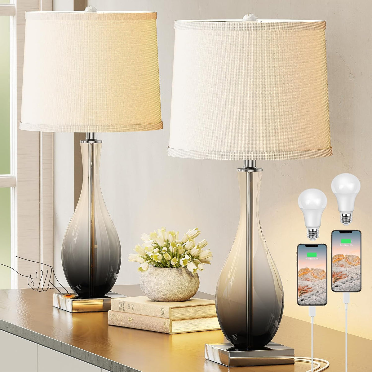 27" Glass Table Lamps with USB Ports, Touch Bedside Desk Lamps Set of 2