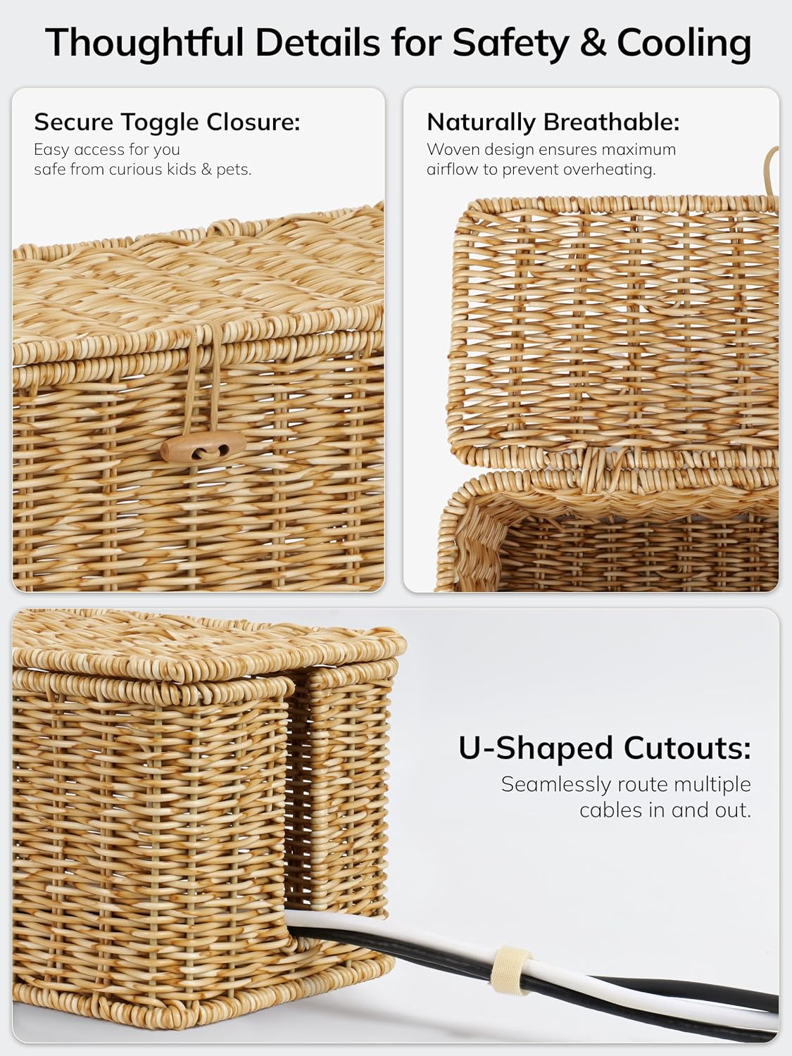 Cable Management Box, Cord Organizer with Lid & Cable Ties - Natural Set