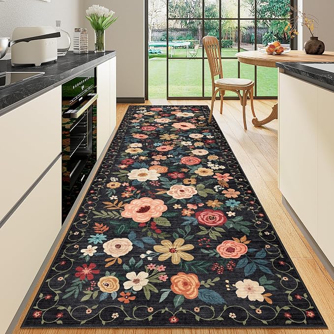 DUKINO 3x10 Runner Rug for Hallway, Washable Kitchen Floral Runner Rug