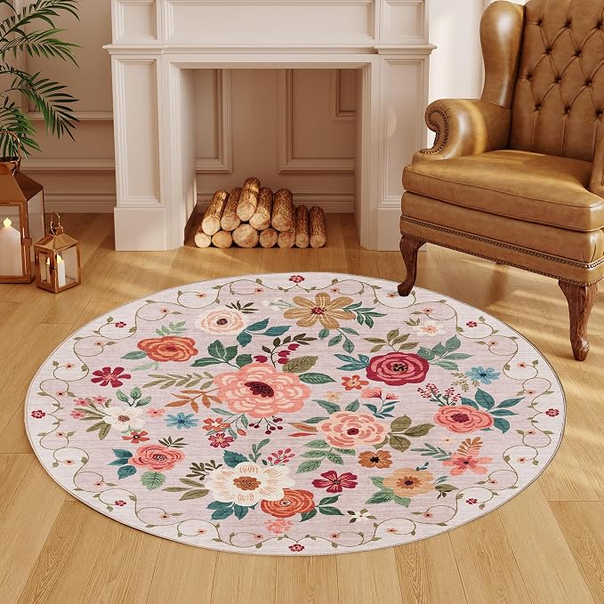 DUKINO Floral Round Rug, 4ft Washable Round Area Rug, Non Slip Indoor Low Pile