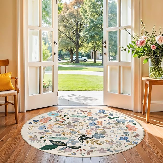 Washable Floral Round Rugs for Bedroom