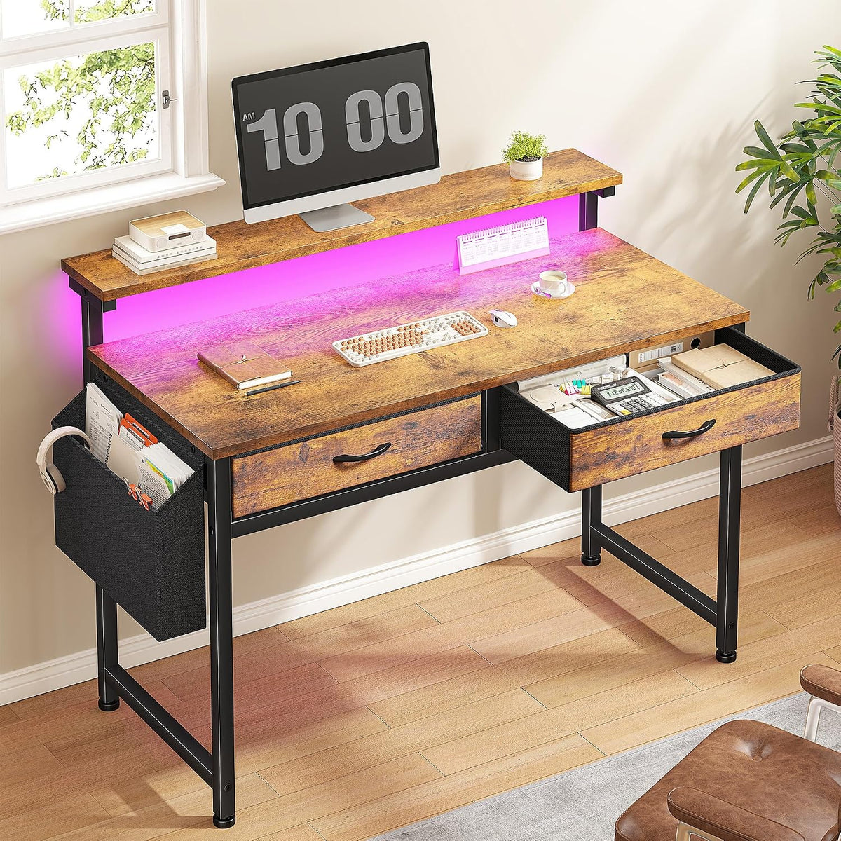 DurayLoly Gaming Desk with 2 Drawers &LED Lights,Space Saving,Rustic Brown