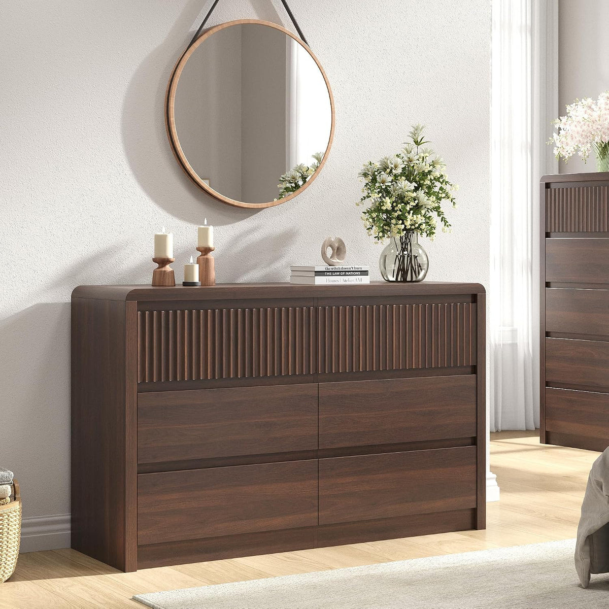 Fluted 6 Drawer Dresser for Bedroom, 50” Wide Dresser & Chest of Drawers with Curved Profile Design, Wood Mid Century Dressers for Bedroom, Living Room, Walnut