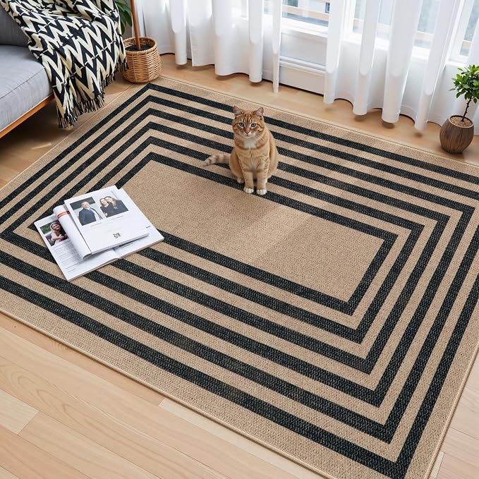 Lahome Enfys Modern Geometric Easy Jute Entryway Rug, 4x6 Black Washable Carpet