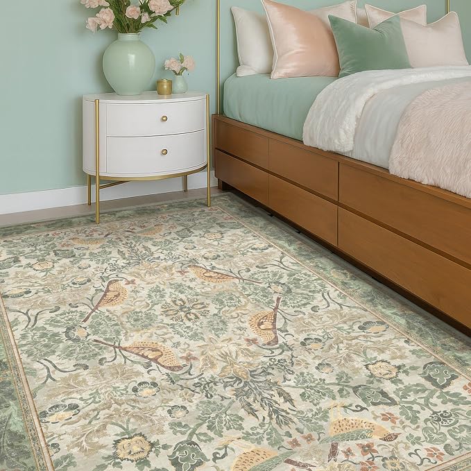 Hazo Haus 5x8 Vintage Sage Green Area Rug, Washable Botanical Bird Pattern Rug