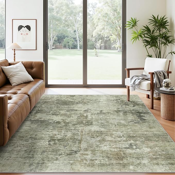 Soalmost Abstract Rug 5x7 Machine Washable Area Indoor Green Black Low Pile