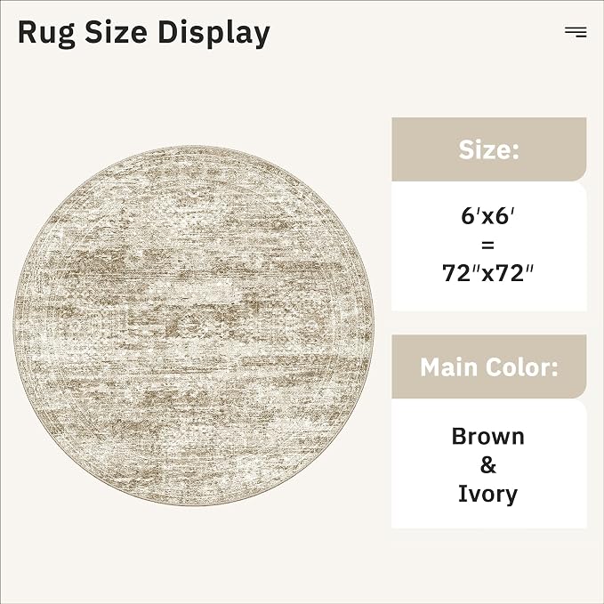 Soalmost 6x6 Brown Round Rug 6ft Living Room Circle Rug Vintage Round Area Rug