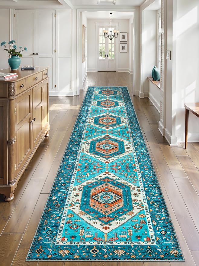 SERISSA Runner Rug for Hallways, Extra Long Boho Rug Ultra Soft Vintage Blue