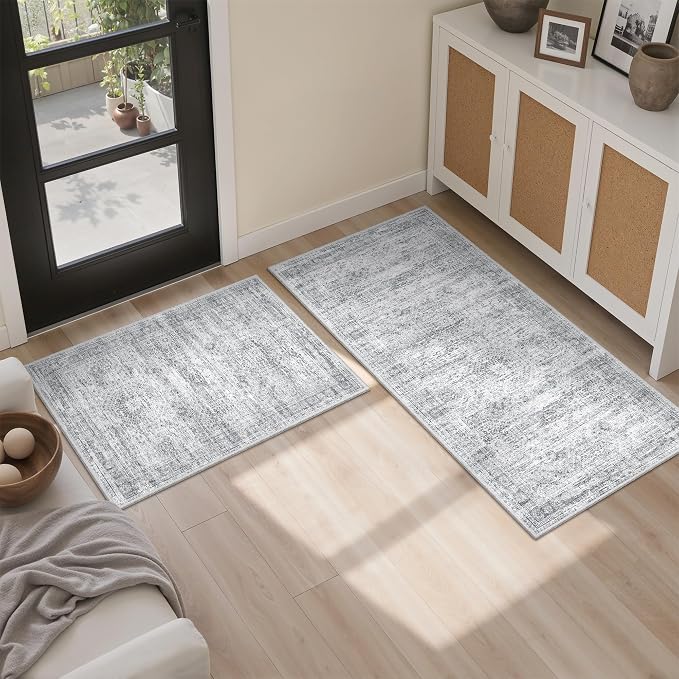 Washable Kitchen Rugs Sets of 2 Piece, Hallway Runner Rug Non-Slip