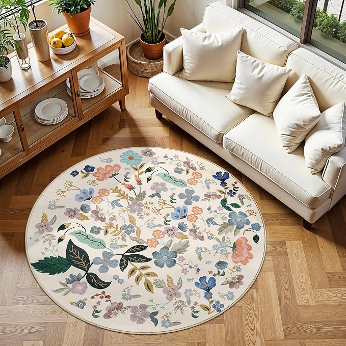 Washable Floral Round Rugs for Bedroom