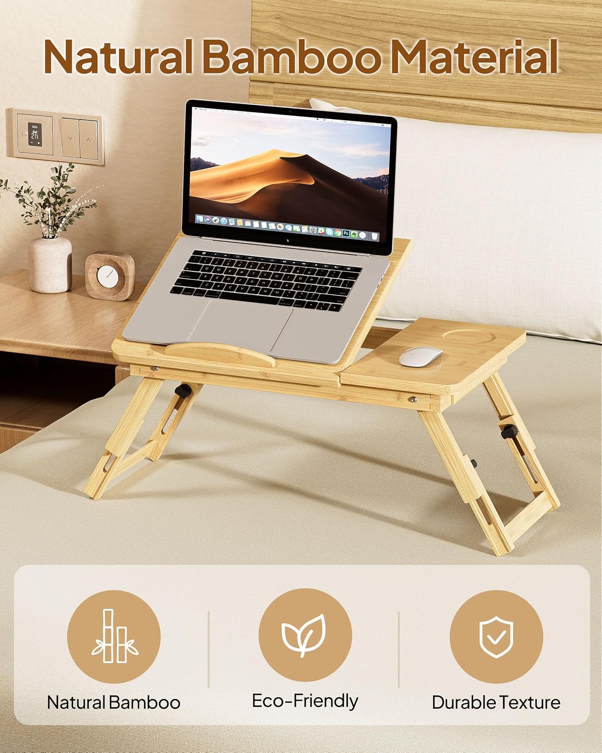 Bamboo Lap Desk, Adjustable Bed Desk with 4 Angle Options & Folding Design