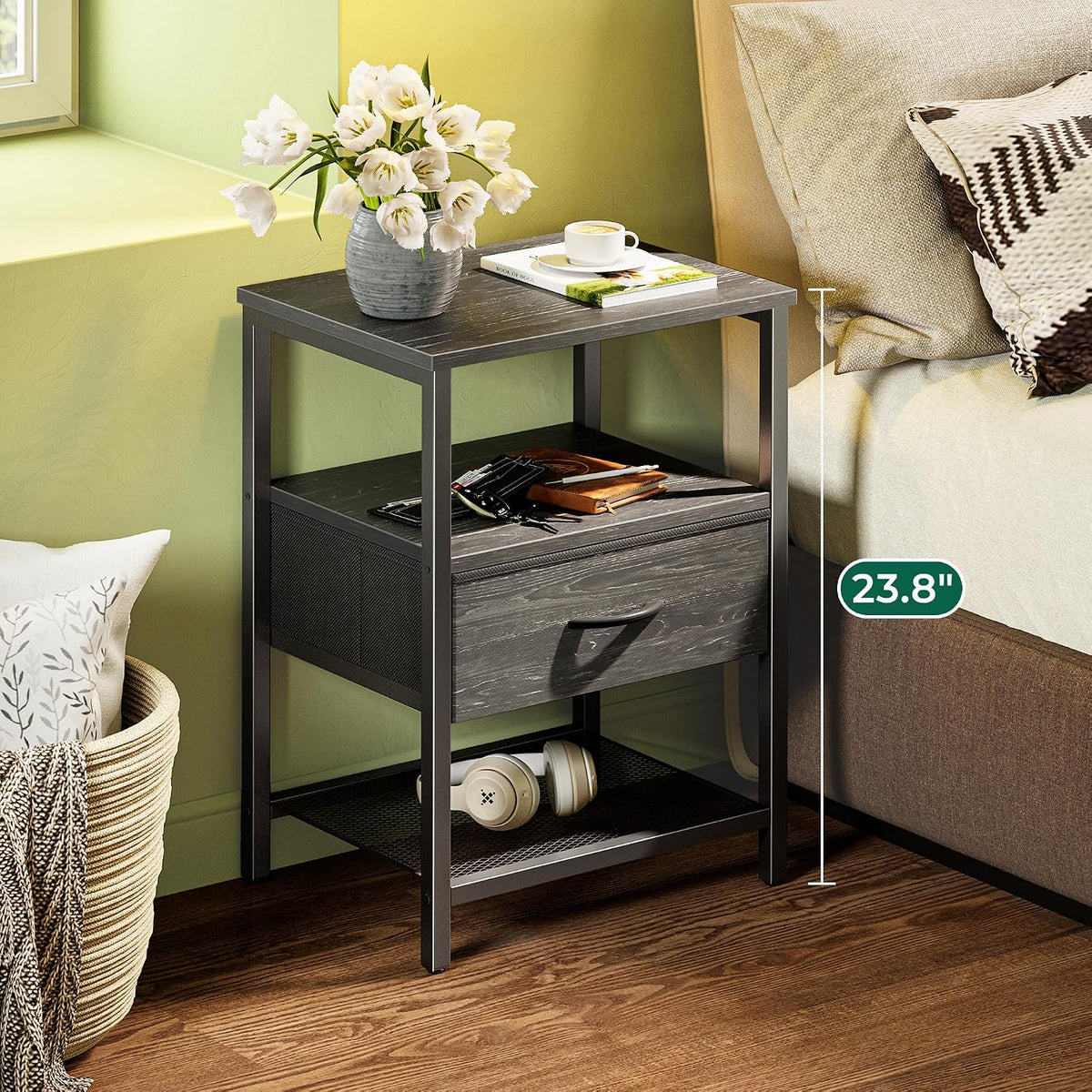 Huuger Nightstand Set of 2, Night Stand with Fabric Drawer, Mesh Shelf
