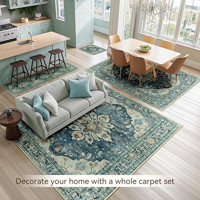 RELEANY Area Rugs 8'x10' Washable Non-Slip, Floral Vintage Distress Medallion