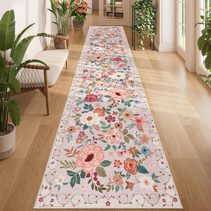 DUKINO 2.6x12 Kitchen Runner Rug, Lightweight Floral Washable Rug