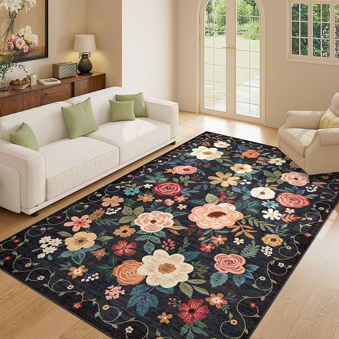 DUKINO 5x8 Area Rug for Living Room, Washable Lightweight Non Slip Floral