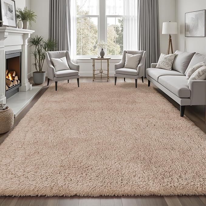 8x10 Area Rugs for Living Room Bedroom: Camel Soft Fluffy Shag Upgrade Non-Slip