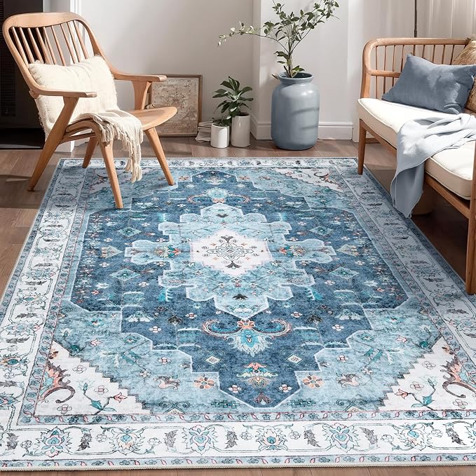 SERISSA Area Rug 4x6 Boho Rugs for Bedroom, Vintage Blue Washable Non Slip Rugs