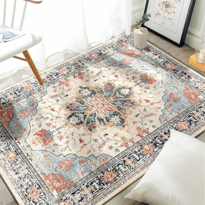 RELEANY Area Rugs 3'x5' Washable Non-Slip, Floral Vintage Distress Medallion