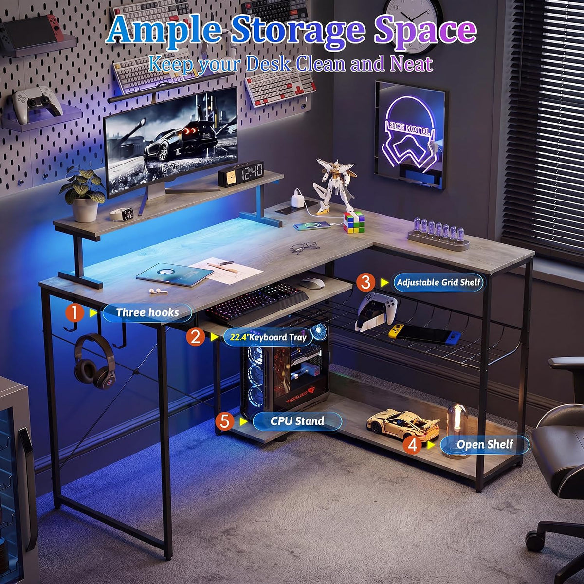 L Shaped Gaming Desk with Power Outlets & RGB LED Lights, 46" Corner Computer Table with Monitor Stand, Keyboard Tray, Storage Shelves & CPU Stand, Home Office Desk for Small Spaces, Grey