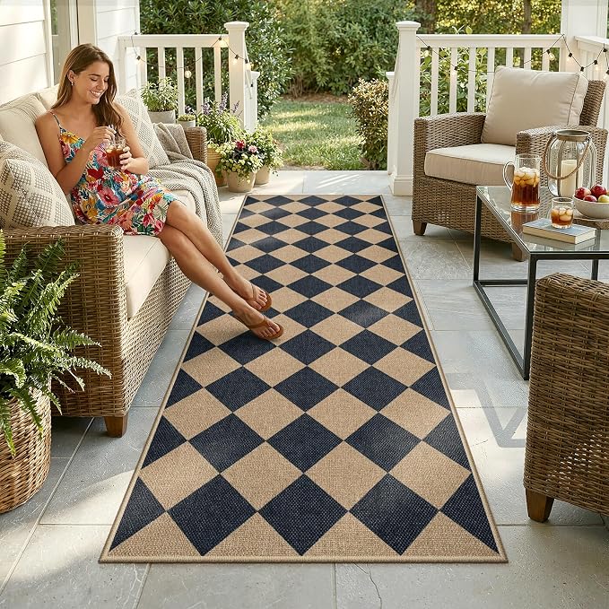 Lahome Checkered Easy Jute Non Slip Kitchen Runner, Checkerboard Indoor Outdoor
