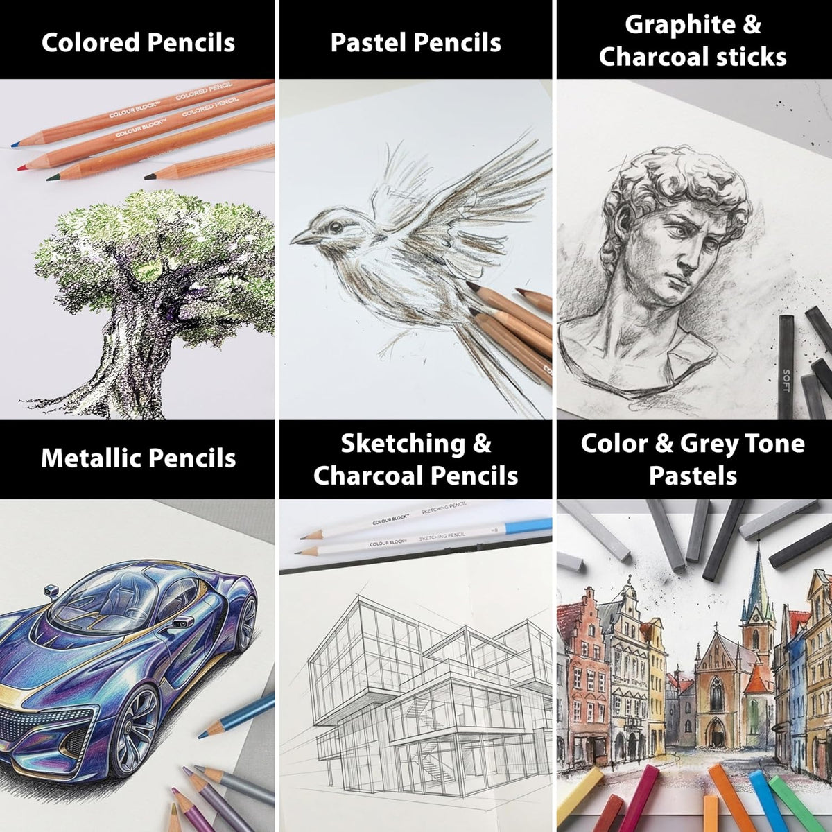 COLOUR BLOCK 91-PC Sketching & Drawing Set in Wooden Easel Case – All-in-One Mixed Media Art Supplies with Colored, Metallic, Charcoal & Pastel Pencils, Soft Pastels, Essential Tools and Drawing Pad