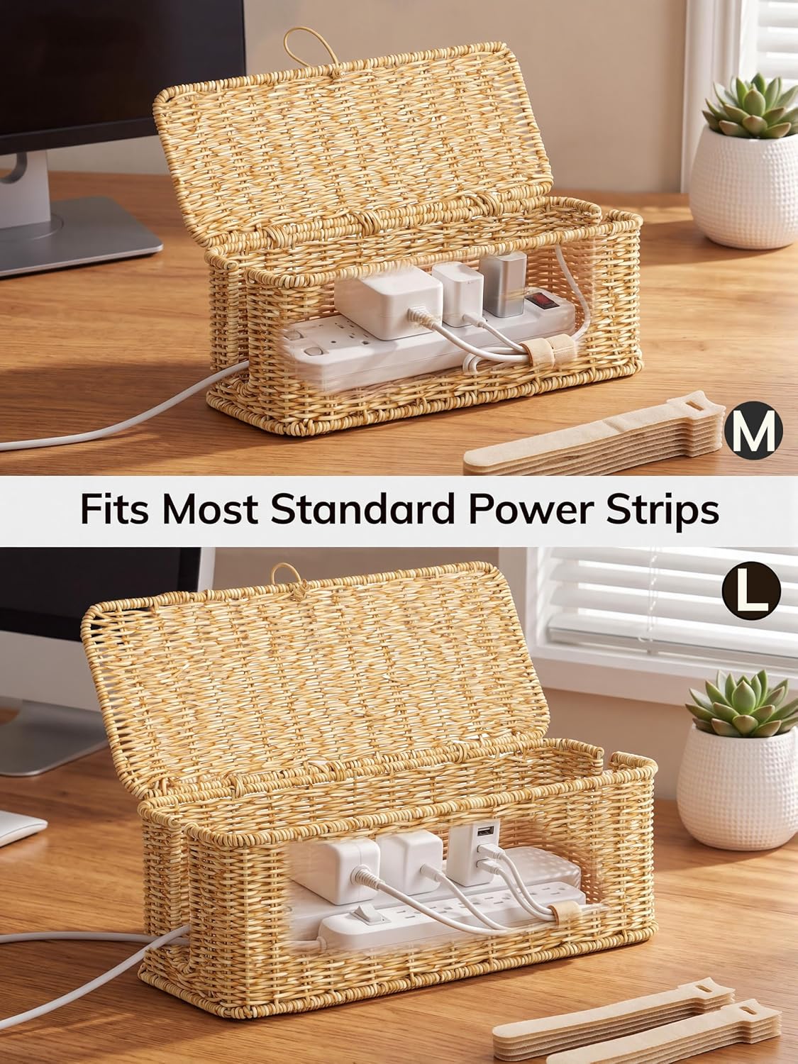 Cable Management Box, Cord Organizer with Lid & Cable Ties - Natural Set