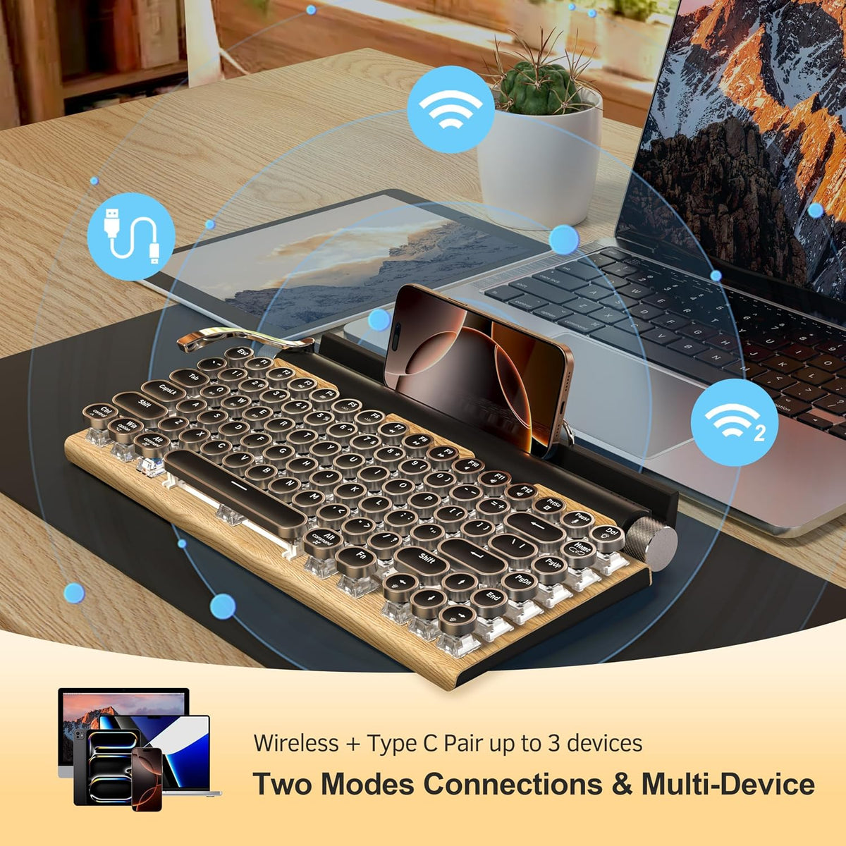 Retro Typewriter Mechanical Keyboard Wireless for PC/Laptop/Pad/Mac/Phones
