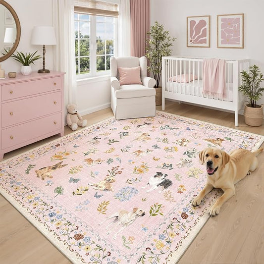 Soalmost Dog 6x9 Area Rugs for Living Room, Machine Washable Animal Floral