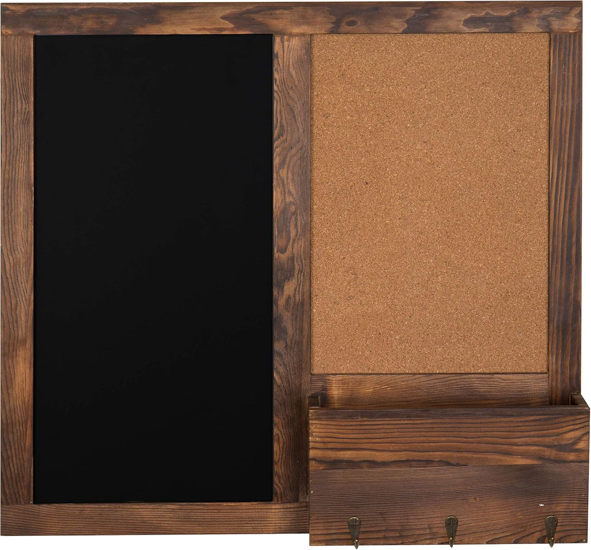 MyGift Rustic Dark Brown Wood Wall-Mounted Chalkboard with Cork Board, Mail Sorter, & Key Hooks