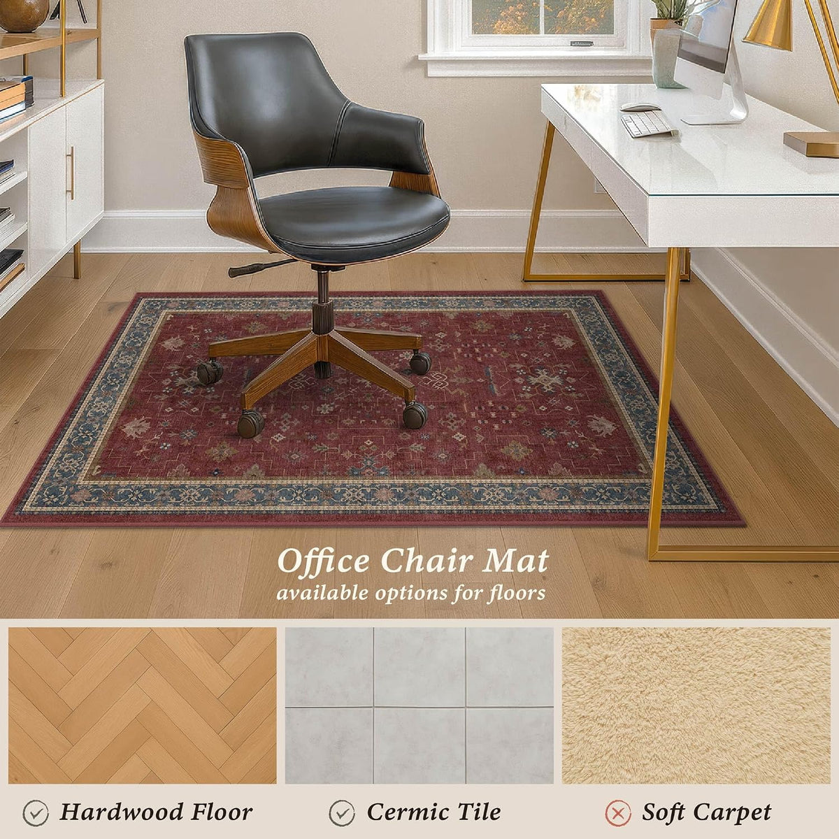 Desk Chair Mat for Hardwood & Tile Floor, 36" x 48" Burgundy Office Rug