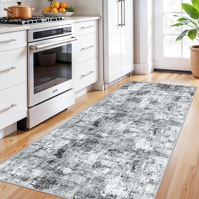 3x7 Washable Non-Slip Kitchen Runner Rug – Modern Abstract Neutral Beige & Gray