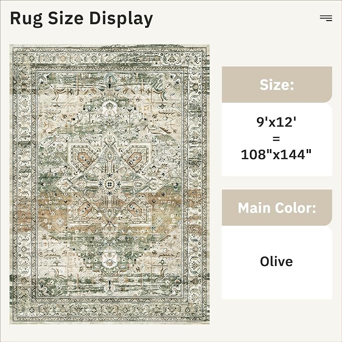 Soalmost 9x12 Area Rugs for Living Room, Non Slip Machine Washable Vintage Rugs