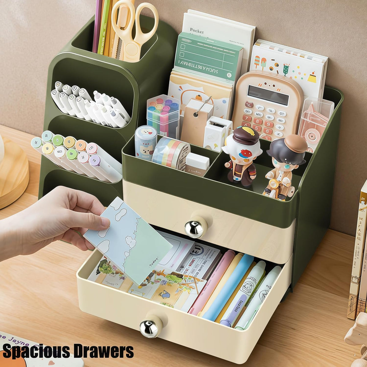 Desk Organizer with Pen Pencil Holder, Pen Organizer with 2 Drawers & 4 Compartments, Desktop Organizers and Storage for Office Home School Art Supplies (Green)