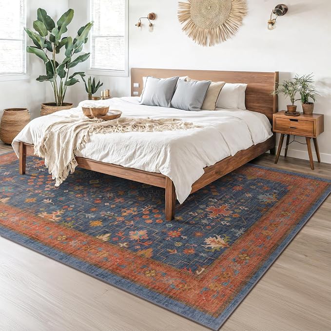 Navy Blue Large Area Rugs 8x12 Living Room, Geometric Floral Rugs