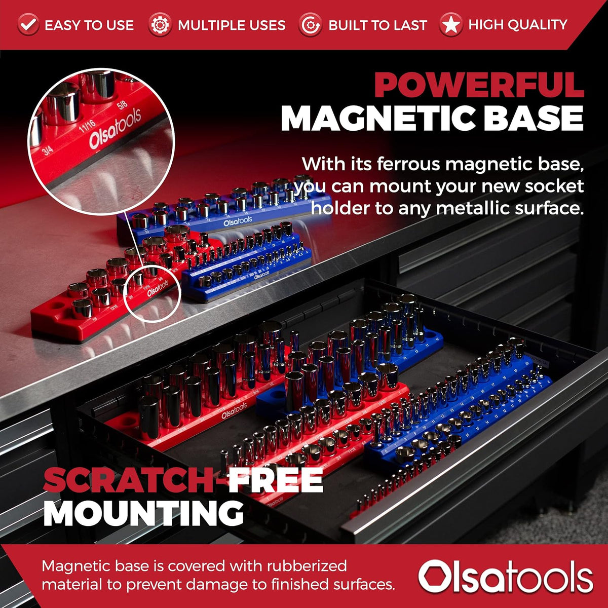 Olsa Tools Magnetic Socket Organizer - 3 Piece Socket Holder Kit - 1/2-Inch - 3/8-Inch - 1/4-Inch Drive - SAE - Red - Holds 68 Sockets - Professional-Grade Tool Organizer - Part: 1150