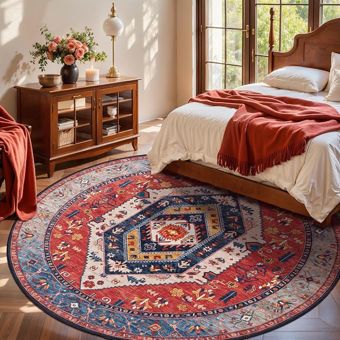 SERISSA Boho Round Area Rug, 8ft Washable Non-Slip Circle Rug, Ultra Soft Large