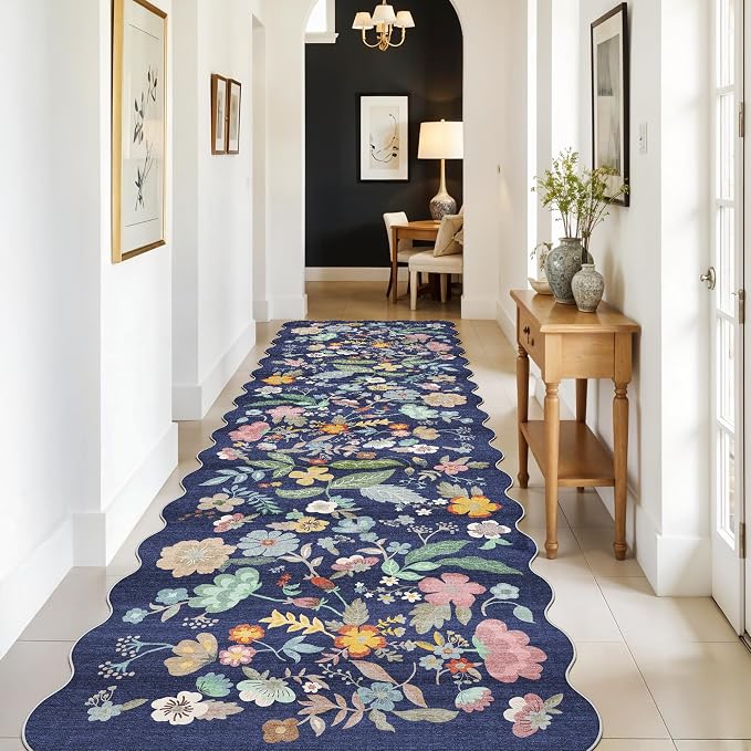 3x10 Long Hallway Runner Rug: Washable Wide 10ft Floral Low-Pile Carpet