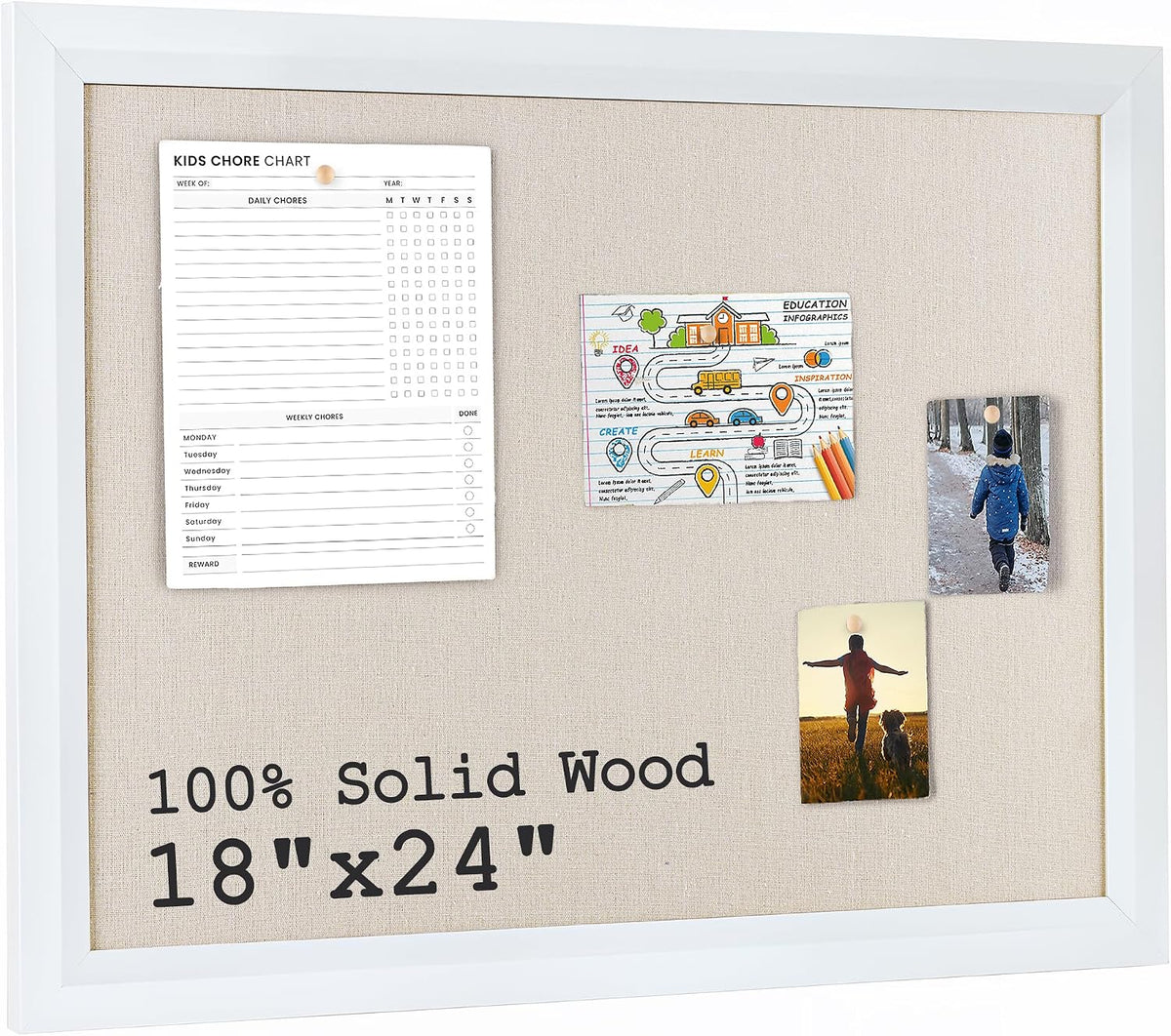 Bulletin Board Cork Board with Linen, 100% Wood Framed 18" x 24" Bulletin Board Decorations, Pin Boards for Walls, Wall Mounted Fabric Picture Board with 10 Pushpins for School, Home & Office, White