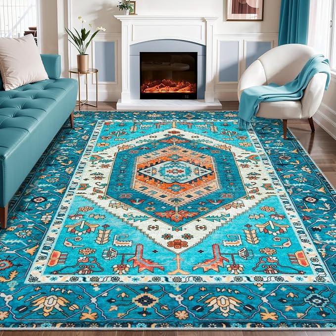 SERISSA 8x10 Area Rugs Blue, Washable Large Boho Rugs