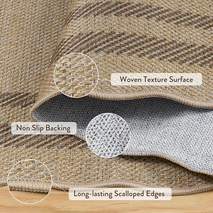 LIVEBOX Scalloped Washable 2x6 Kitchen Runner Rug, Easy Jute Geometric Tan Rugs