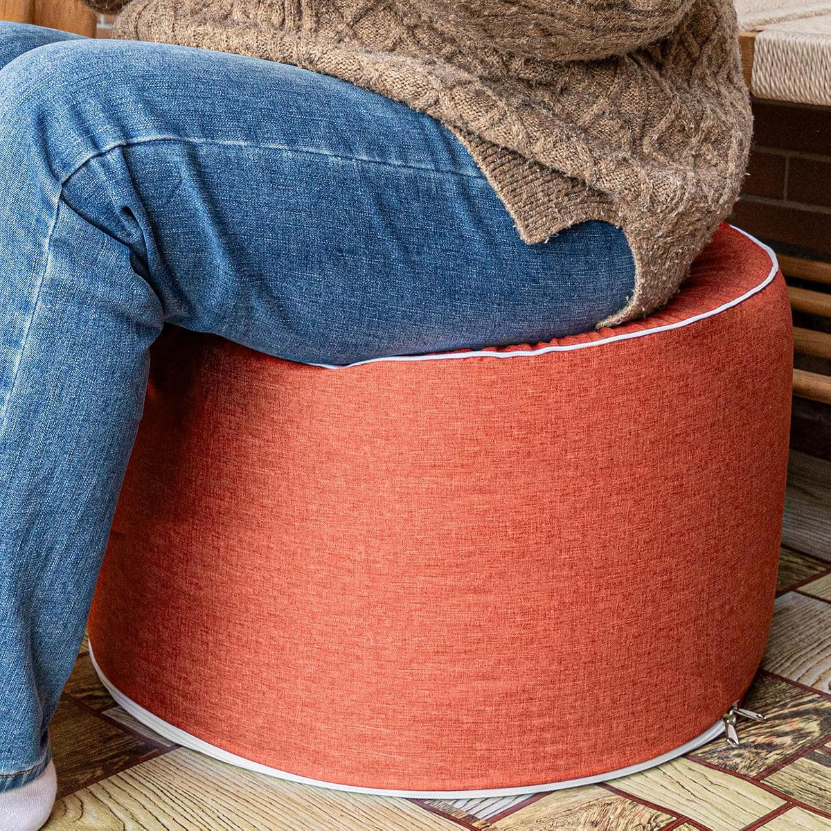 Outdoor Ottomans for Patio Pouf Waterproof Fade-Resistant Ottoman Foot Rest for Outdoor - Ottoman Chair Filled with High-Density All-in-One Foam, 20"D x 14"H Inches (Burnt Orange, Round)