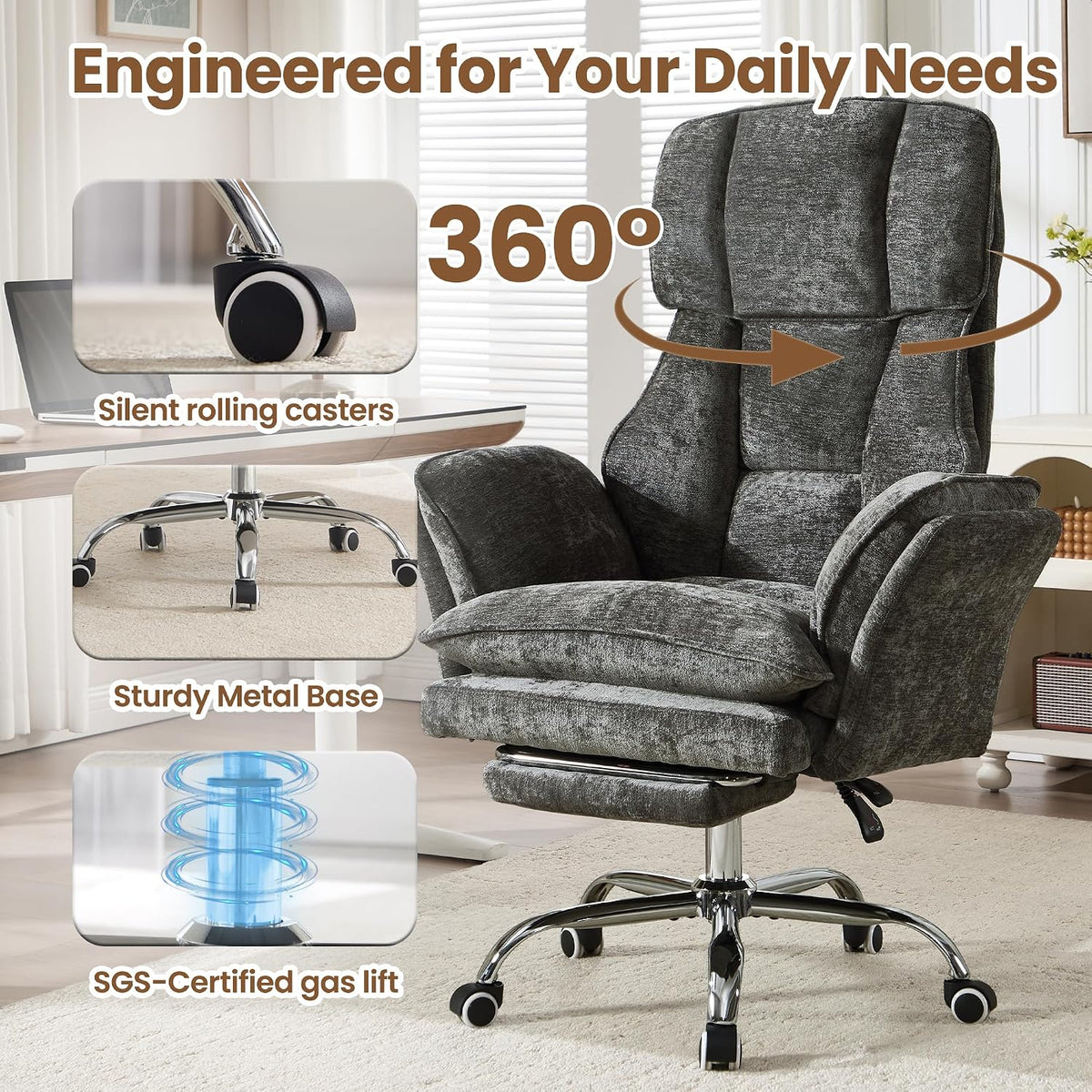 Big and Tall Office Chair with Flip Arms and Footrest, Chenille Criss Cross Legged Home Office Desk Chair with Pet Seat, Comfy Reclining Computer Gaming Chair, Dark Grey