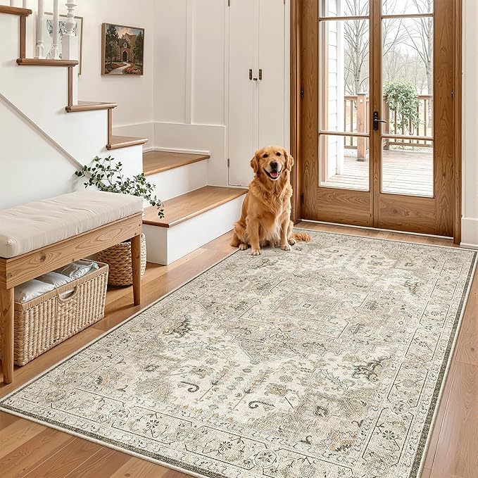 Madane Area Rug 4x6 Washable Rugs: Vintage Living Room Rug Soft Low Pile Non