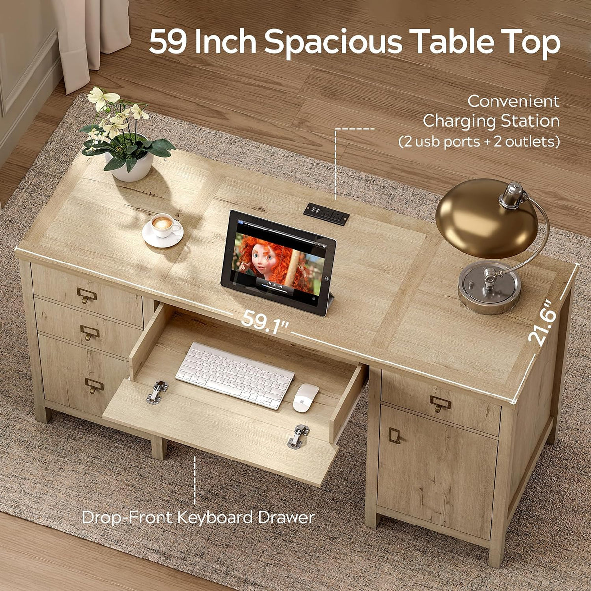 EYYTHUNG Modern Executive Desk with File Drawers Cabinet,59" Computer Desk with Charging Station, Keyboard Tray, Large Home Office Desk, Farmhouse Wood Desk for Study, Writing, Light Oak