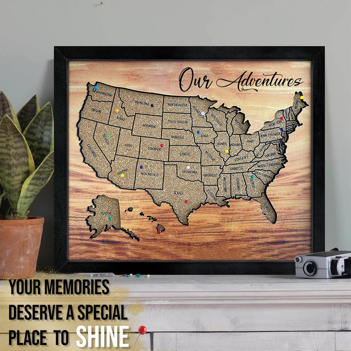 flinelife Cork Board Usa Travel Map With Pins, 13x11, Medium Size, Map of United States, Perfect For Couples and Families Gift