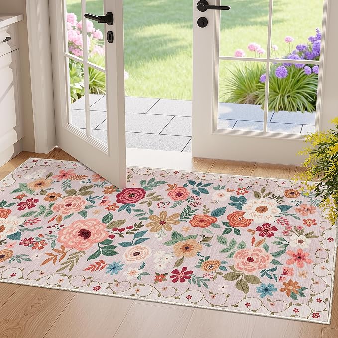 DUKINO 2x4 Rug for Entryway, Washable Kitchen Floral Runner Rug