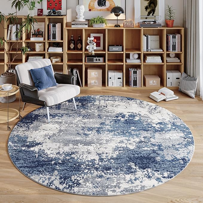 Blue Round Rugs 6ft Washable Circle Area Rug